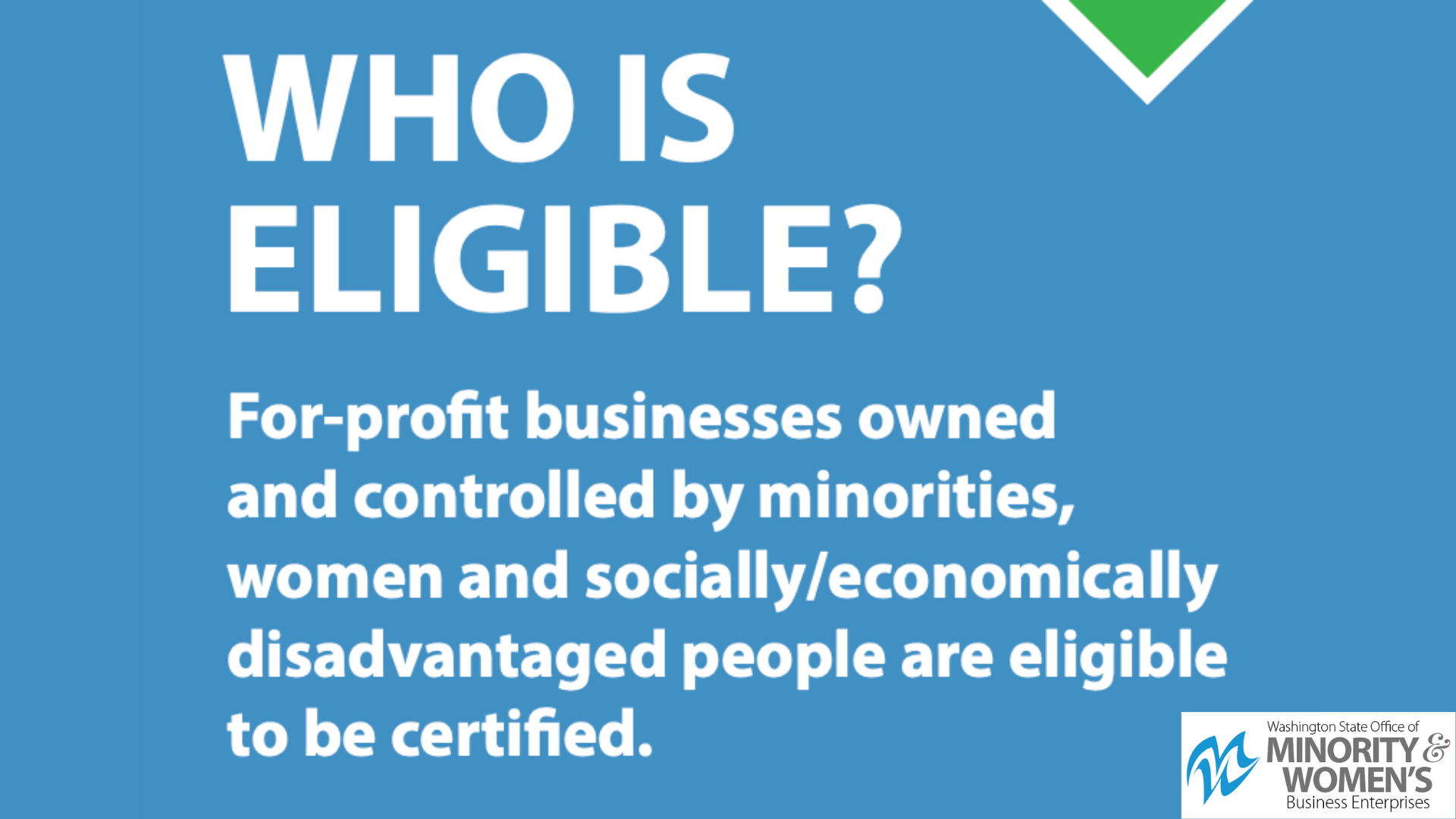 Graphic titled 'Who is Eligible?' from the Washington State Office of Minority & Women's Business Enterprises. The image states that for-profit businesses owned and controlled by minorities, women, and socially/economically disadvantaged people are eligible to be certified. Includes the organization's logo in the bottom right corner.