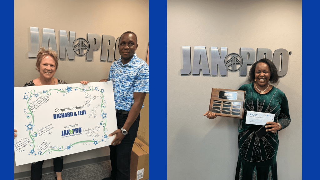 Jan-Pro franchisee award recipients holding congratulations sign and perpetual plaque trophy